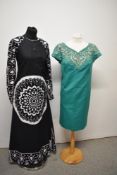 Two 1960s dresses, including green satin Stuttafords dress with embellishments to yolk.