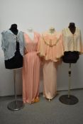 Three pretty 1930s bed jackets and two 1930s/40s nightdresses, AF.