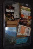 A box of mixed novels and reference books, including Penguin classics and Penguin books of Geography