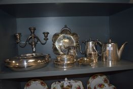 A mixed lot of vintage flat ware, including plated tea pots, Bon-Bon dish, candlestick and serving