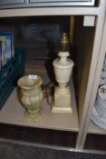 A vintage Marble lamp base with a similar Onyx turned vase.