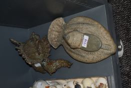 Two pieces of vintage studio pottery including a sea shell and a sea bird.