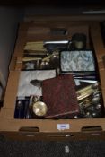 An assortment of vintage flat ware, including boned handled knives, boxed tea spoons, souvenir