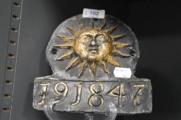 A lead fire mark insurance plaque, The Sun Fire Office (London 1710-1959), heightened in gilt,