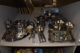 An assortment of flat ware including plated ware; amongst which are serving dishes, tea and coffee