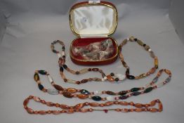 Four beaded necklaces, using various natural/semi precious stones, sold with a vintage travel