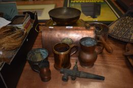 A Vintage copper hot water bottle and a warming pan void of handle, also a variety of copper