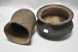 Two interesting antique earthenware cooking pots.
