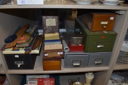 A mixed lot of vintage office related items, including filing cabinets/drawers, a city of