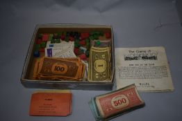 A collection of vintage Monopoly money and pieces.