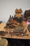 A variety of vintage tools and similar, including paper guillotine and Try and Jack planes etc.