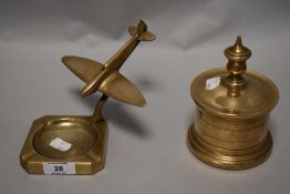 Two pieces of brass trench art, to include lidded trinket box and astray with Spitfire decoration.