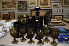 A collection of Casa Pupo vintage smokey grey and black textured glass ware, decanter, wine glas