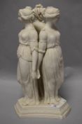 A late 19th/ early 20th century Parionware depiction of three maidens in period dress, AF, damage in