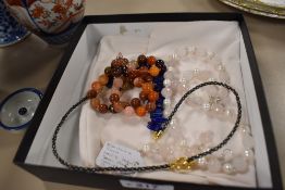 Three hand made necklaces including Lapis Lazuli, pearl and Rose quartz and multi agate bead
