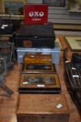 Eight vintage tins and boxes, including metal deed boxes, OXO tin, burr wood boxes and similar.