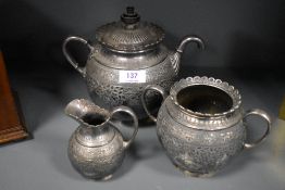 A highly decorative Victorian James Dixon and Sons plated trio, having embossed pattern and