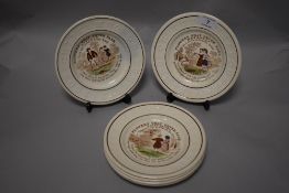 Six Victorian children's plates, having various transfer designs to centres surrounded by the