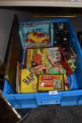 A box of vintage and collectable children's games, collectables and toys, including Rap a Tap and