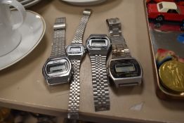 Four men's digital wristwatches including Casio, Saxon and Omac.