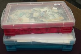 WORLD STAMPS COLLECTION, TUB OF OFF PAPER, OTHER TUB ON LEAVES ALL ERAS Flat plastic tub, one full