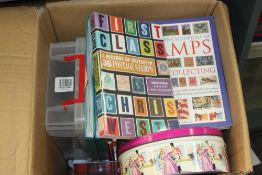 WORLD STAMPS IN LARGE BOX, ALBUMS, TINS, MINT & USED, ALL ERAS Large box with various tins/tubs of