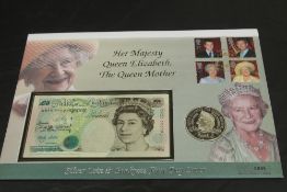 GB, 2000 QUEEN MUM's 100th, £5 SILVER COIN & BANKNOTE FIRST DAY COVER Fine Westminster first day