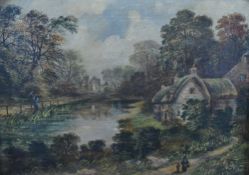 A late 19th century oil on canvas, landscape with river, figures, thatched cottages and ruined