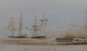 Captain W.C Browne (British act. 1824-1860) watercolour, Capture of a Slaver off The Congo River,