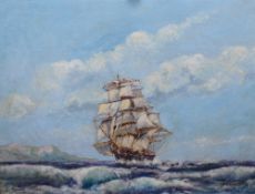 G H Macarthy (contemporary) oil on board, depicting a masted ship at sea, signed at bottom right