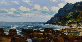 Edgar Longstaffe (British 1852-1933) oil on canvas, coastal scene with figures, liner in the