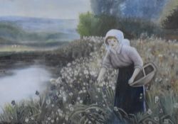 A Ward (British 19th/20th century) watercolour, a young girl collecting flowers at a river bank,