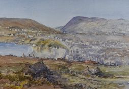 Tris Burton (British Contemporary) watercolour, a view of a seaside town from an elevated