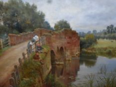 Sidney Currie (British act.1892-1930) oil on canvas, river scene with sandstone bridge and boys