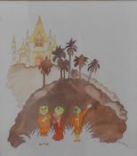 Valerie Anne Pye (contemporary) pencil and watercolour, three masked figures within a stylised