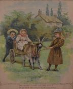 Two early 20th century coloured children's prints, depicting children at play with text, mounted