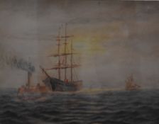 H Parson (British 20th century) watercolour sketch, shipping scene with tug towing a masted ship,