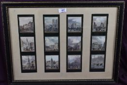 An early 20th century framed set of twelve views of London, four mounted strips of three views,