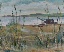 Edgar Matheson Gibson MBE (b.1934) a mid century oil on board entitled 'Barrier Beach' (Orkney)
