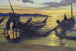 A 20th century Italian School oil on canvas, depicting fishing scene at sunset with good use of