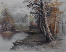 A 20th century oil on canvas, winter woodland scene with river and mountains, nondescript