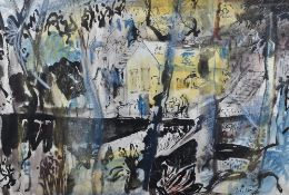 Leslie Moore (1913-1976) a striking mid-century watercolour ink and pastel street scene, signed