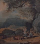 A mid-19th century watercolour, a young family at the rocky edge of a lake or river, unsigned within