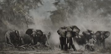 After David Shepherd (British 1931-2017)a large coloured print, Elephants at Amboseli, mounted