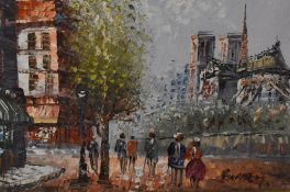 A 20th century oil on canvas, Parisian street scene with figures, signed Barney lower right,