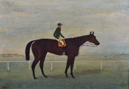 A naive oil on canvas, depicting a racehorse and jockey within a racecourse setting, marked '