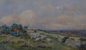 Charles James Adams (British 1859-1931) watercolour, droving sheep within a moorland landscape,