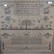 An early Victorian pictorial needlework sampler, with religious verse and depictions, animal motifs,