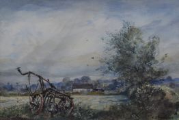 Cecil J Thornton (British 1911-2001) watercolour, agricultural scene with abandoned tiller, signed