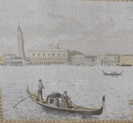 Two early 20th century machined tapestrys, views of Milan and Venice, each within gilt slip